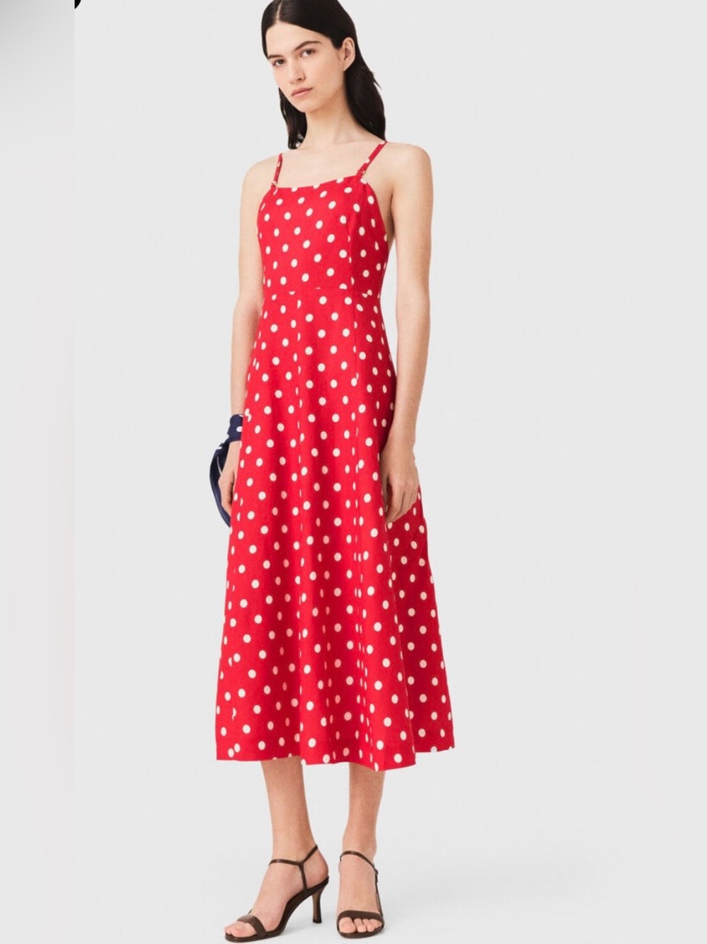 Maje Red and White Polka Dot Spaghetti-Strap Midi Dress